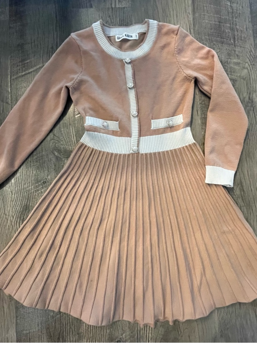 Girls 8/10 Grace Karin Dusty Rose Knit Dress with Cream Trim.